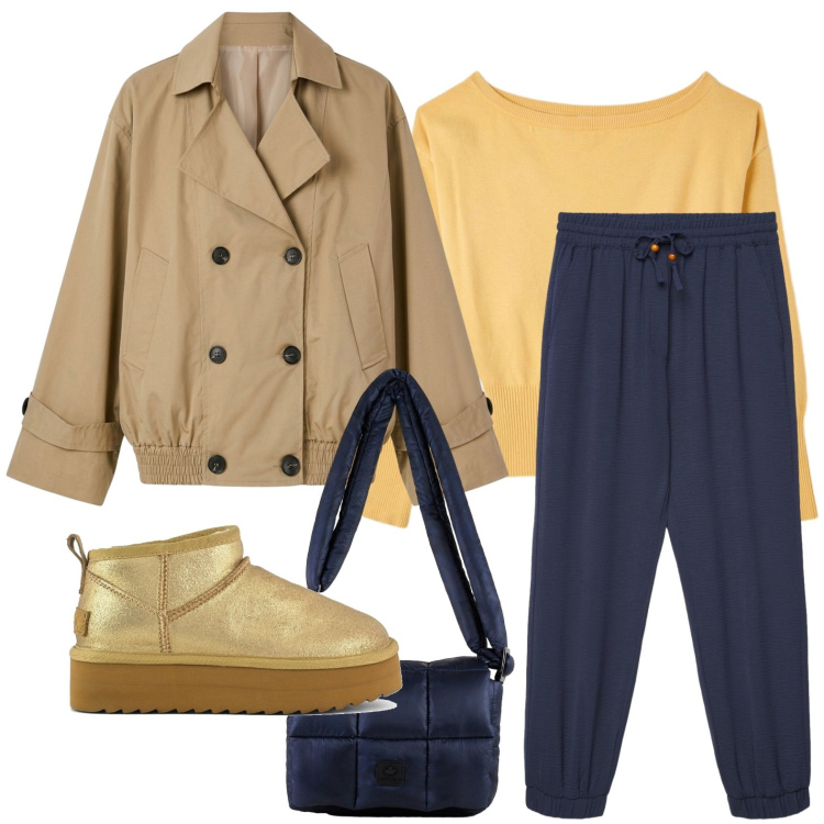 Outfit donna - Trench doppiopetto. Stile Casual per Tutti i giorni. Abbinamento con borse a spalla, pantaloni, trench, pullovers, stivaletti.