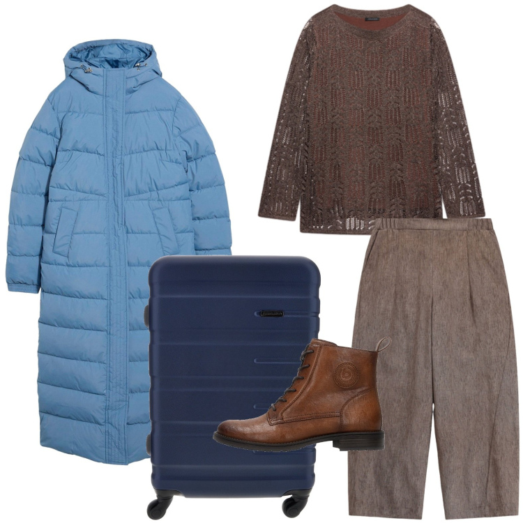 Outfit donna - Piumone da viaggio. Stile Casual per Tutti i giorni. Abbinamento con cappotti, pantaloni a palazzo, maglieria, anfibi, valigie.