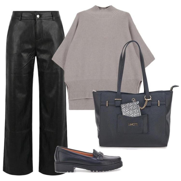 Outfit donna - Ecopelle versione soft. Stile Minimal per Tutti i giorni. Abbinamento con maglieria, pantaloni, shopping bag, mocassini.