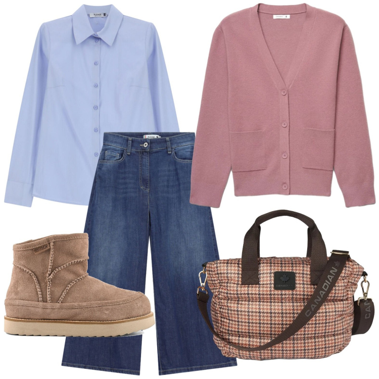 Outfit donna - Camicia classica. Stile Casual per Tutti i giorni. Abbinamento con pantaloni culotte, camicie, borse tote, cardigans, stivaletti.