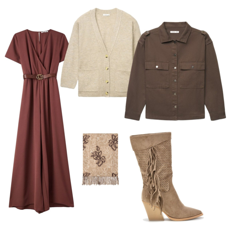 Outfit donna - Caffè e panna. Stile Basic per Tutti i giorni. Abbinamento con sciarpe, vestiti lunghi, cappotti, cardigans, stivaletti texani.