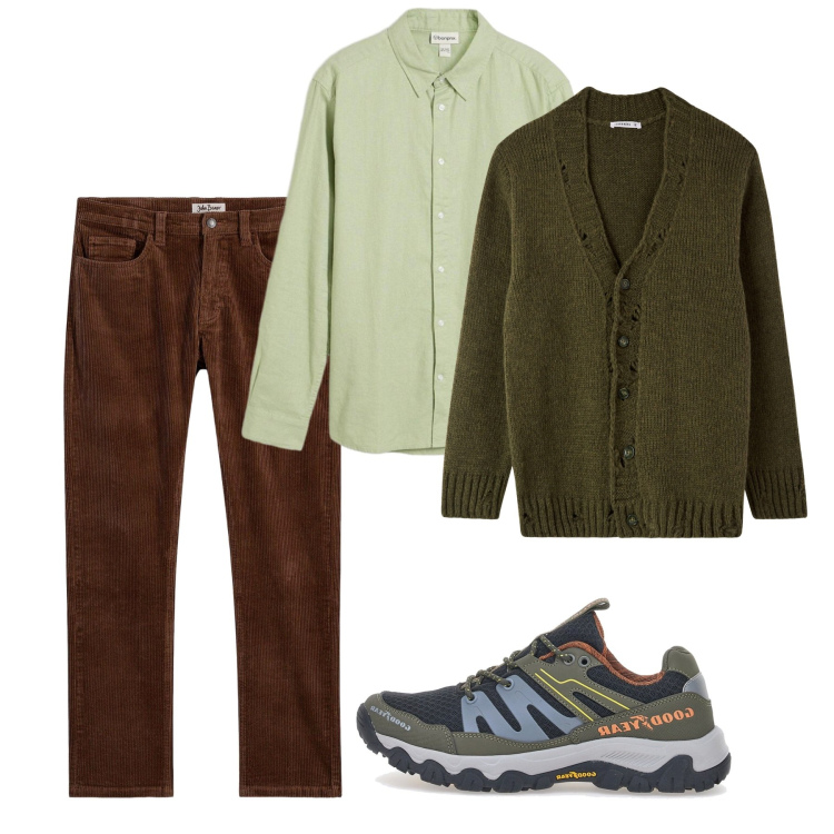 Outfit uomo - Toni del bosco e della terra. Stile Casual per Tutti i giorni. Abbinamento con cardigans, camicie, pantaloni, stivali e stivaletti.