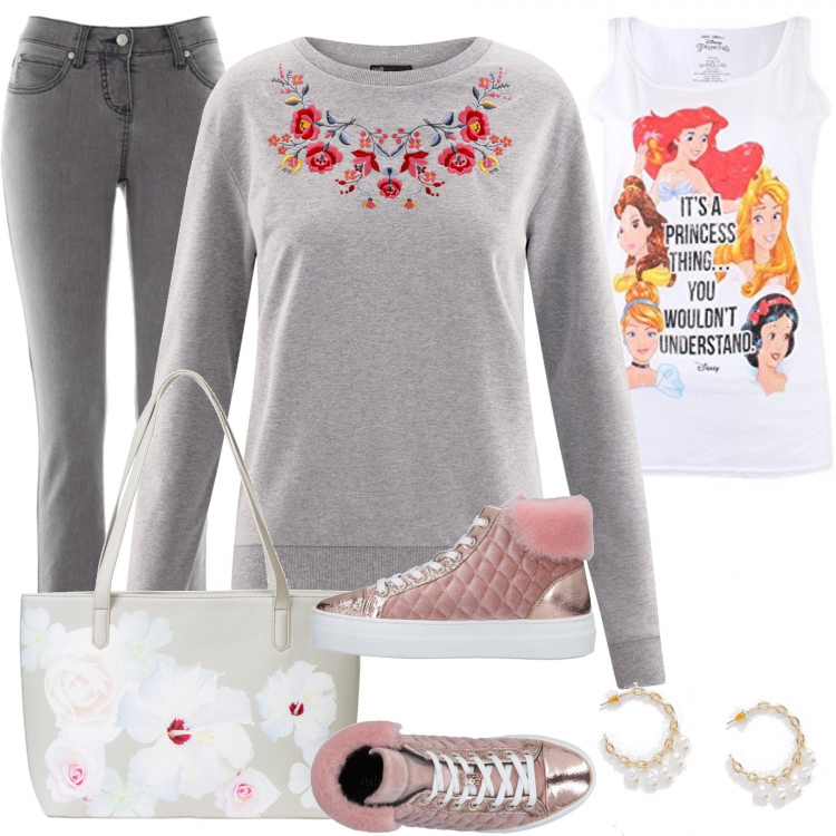 Outfit donna - Principesse all’Università. Stile Basic per Scuola/Università. Abbinamento con jeans slim fit, shopping bag fantasia floreale grigio, sneakers tennis contrasto in pelle martellata senza tacco con punta tonda in velluto, felpa a giromanica con ricamo e scollo aderente grigio, canottiera bianco, orecchini con catenina oro.