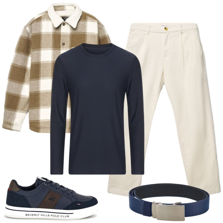 Outfit uomo - Urban Edge in Soft Tones. Stile Urban per Tutti i giorni. Abbinamento con cappotti, pantaloni chino, cinture, sneakers, t-shirt.
