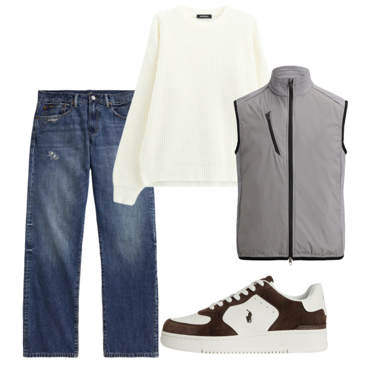 Outfit uomo - Maglieria e layering. Stile Casual per Tutti i giorni. Abbinamento con maglieria, gilet, sneakers, jeans dritti.