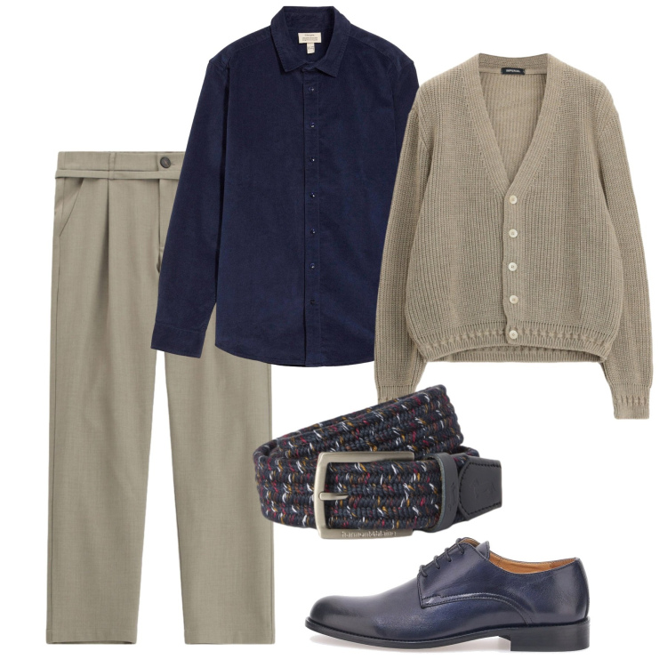 Outfit uomo - Autunno da galantuomo. Stile Casual per Tutti i giorni. Abbinamento con cinture, cardigans, pantaloni, scarpe stringate, camicie.