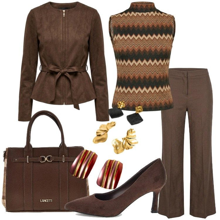 Outfit donna - SOFT LEATHER: Gli opposti si attraggono. Stile Casual chic per Ufficio. Abbinamento con top, pantaloni, blazer, orecchini, décolleté, shopping bag.