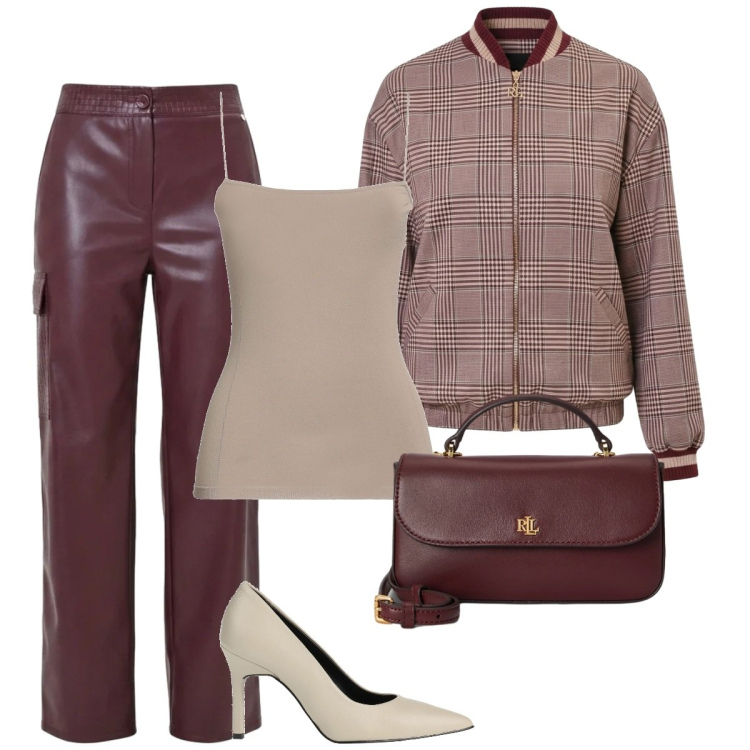 Outfit donna - Pomeriggio/sera. Stile Basic per Serata fuori. Abbinamento con borse a mano, pantaloni cargo, bomber, décolleté, top.
