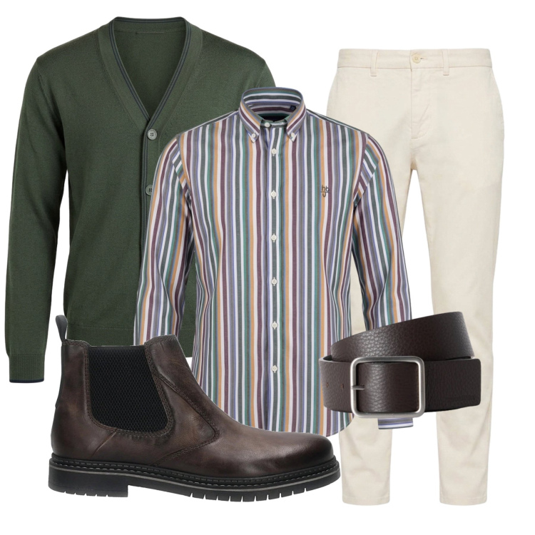 Outfit uomo - Maglieria e layering. Stile Trendy per Ufficio. Abbinamento con pantaloni, cinture, camicie, cardigans, stivali e stivaletti.
