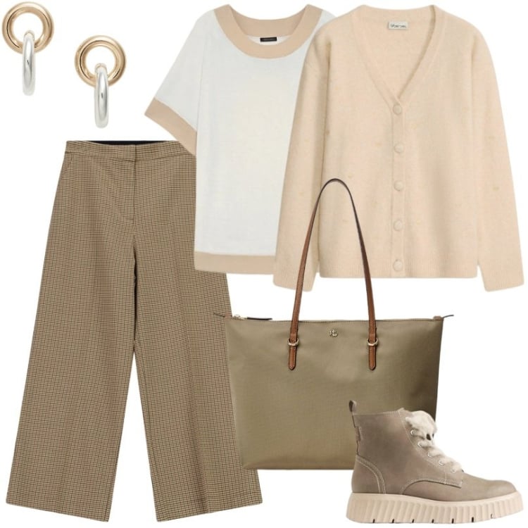 Outfit donna - Comfort nel week end. Stile Casual per Ufficio. Abbinamento con pantaloni a palazzo, t-shirt, borse tote, orecchini, cardigans, stivaletti.