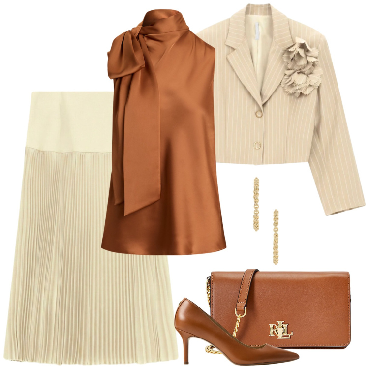 Outfit donna - Plissé e fiocchi per una cerimonia. Stile Bon Ton per Cerimonia. Abbinamento con gonne longuette, blazer, décolleté, borse a tracolla, bluse, orecchini.