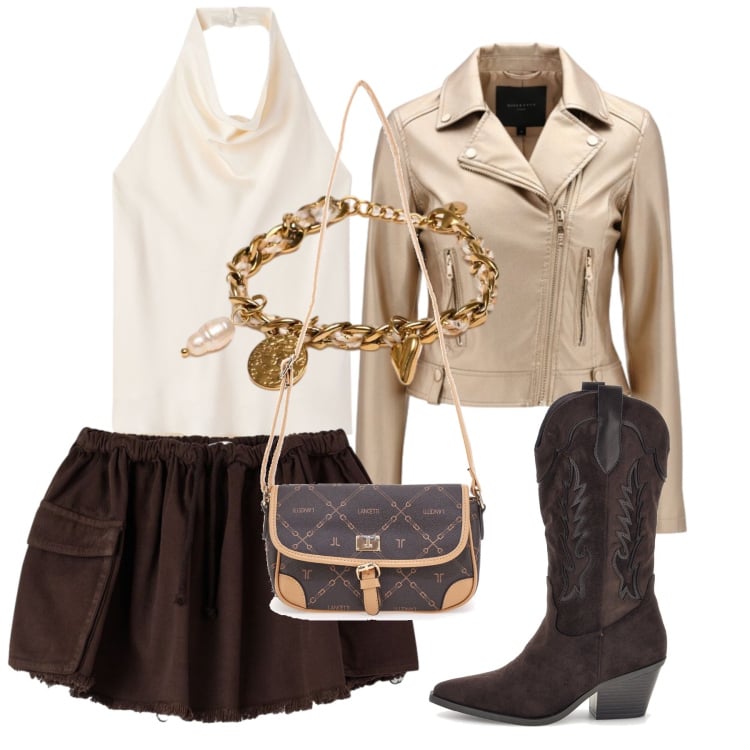 Outfit donna - Total look #2487441. Stile Rock per Serata fuori. Abbinamento con minigonne, canottiere, giacche, braccialetti, borse a tracolla, stivaletti texani.