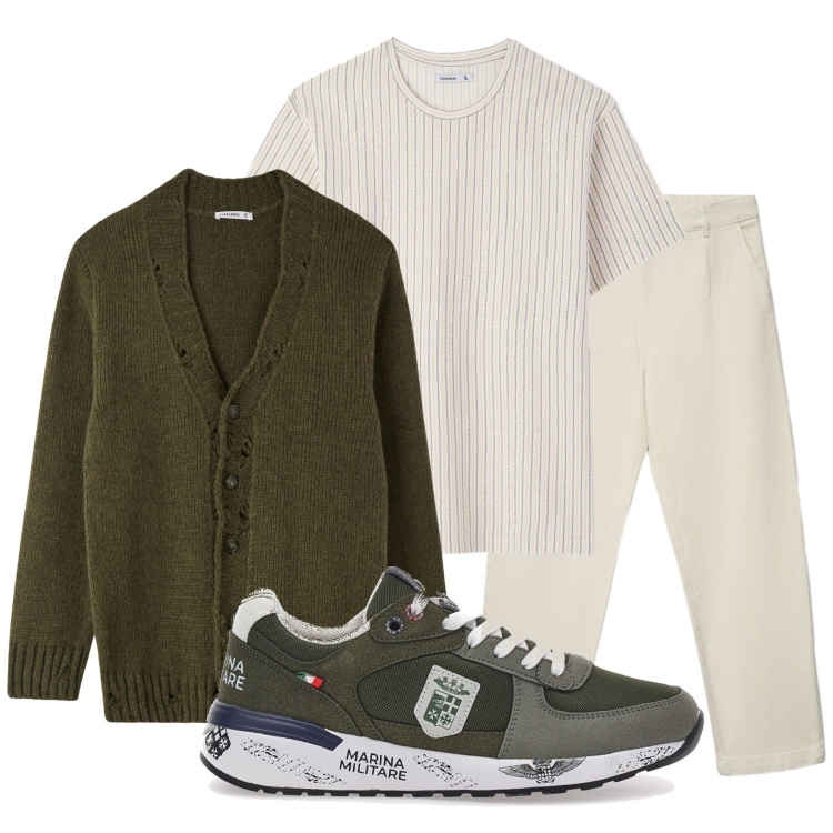 Outfit uomo - Maglieria e layering. Stile Trendy per Tutti i giorni. Abbinamento con cardigans, pantaloni chino, t-shirt, sneakers.