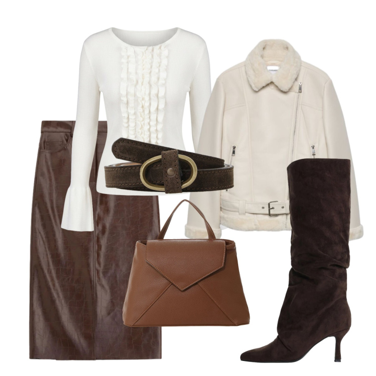 Outfit donna - Total look #2487446. Stile Urban per Serata fuori. Abbinamento con stivali, borse a mano, maglieria, gonne longuette, cinture, giacche.