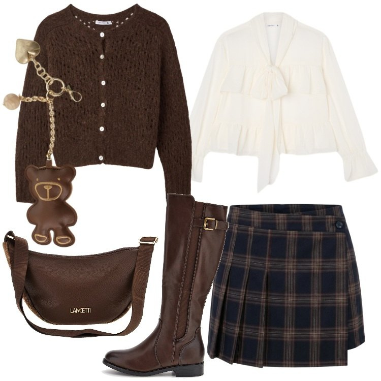 Outfit donna - Gilmore Style: autumn edition. Stile Preppy per Scuola/Università. Abbinamento con portachiavi, minigonne, camicie, cardigans, stivali sopra il ginocchio, borse a tracolla.