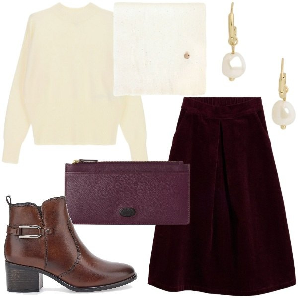 Outfit donna - accostamenti ad ottobre. Stile Glamour per Serata fuori. Abbinamento con portafogli, maglieria, orecchini, sciarpe, gonne longuette, stivaletti.