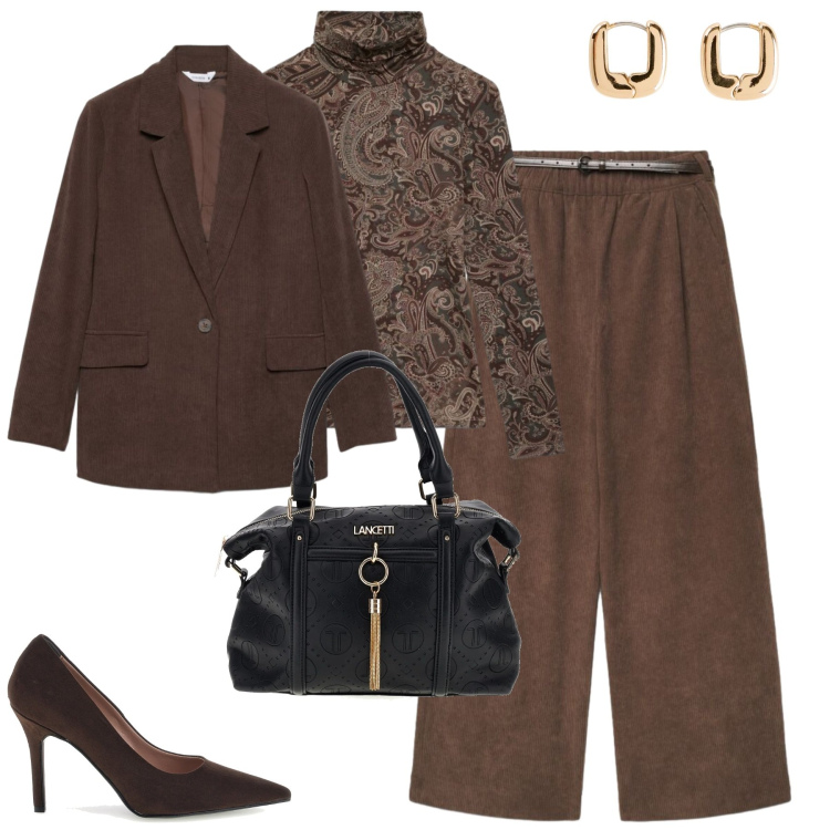 Outfit donna - Il velluto nei toni autunnali. Stile Casual chic per Tutti i giorni. Abbinamento con orecchini, blazer, t-shirt, pantaloni, décolleté, borse a mano.