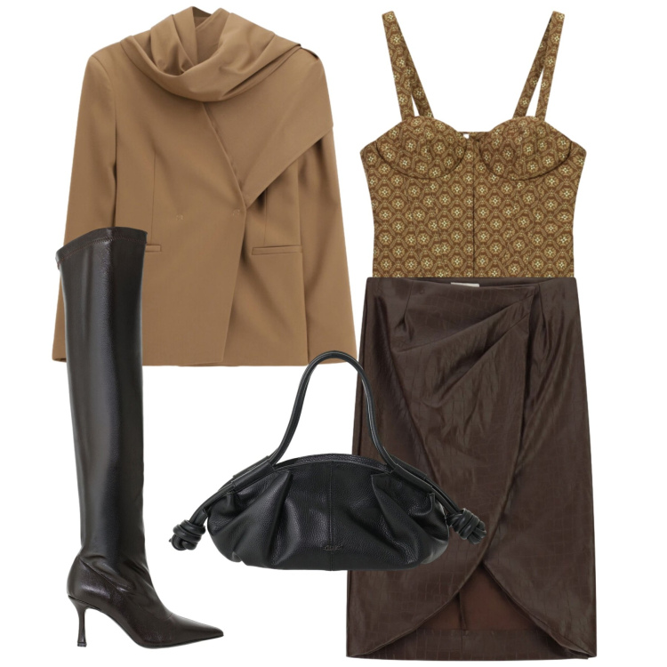 Outfit donna - Rich Espresso & Cream Warmth. Stile Chic per Tutti i giorni. Abbinamento con top, stivali sopra il ginocchio, blazer, gonne longuette, borse a mano.