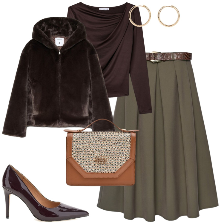 Outfit donna - A cena. Stile Urban per Serata fuori. Abbinamento con pochette, gonne lunghe, t-shirt, blazer, orecchini, décolleté.