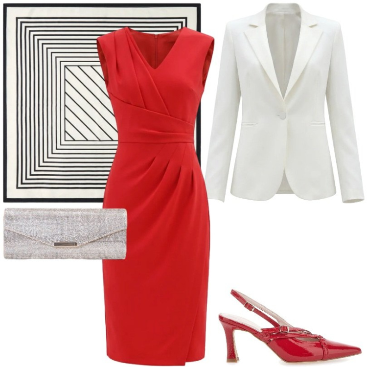 Outfit donna - Tubino rosso e blazer bianco. Stile Chic per Cerimonia. Abbinamento con foulard, clutch, vestiti asimmetrici, blazer, décolleté.