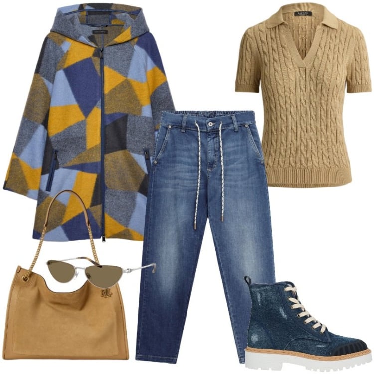 Outfit donna - Total look #2487475. Stile Urban per Tutti i giorni. Abbinamento con cappotti, occhiali da sole, polo, borse tote, jeans, stivaletti.