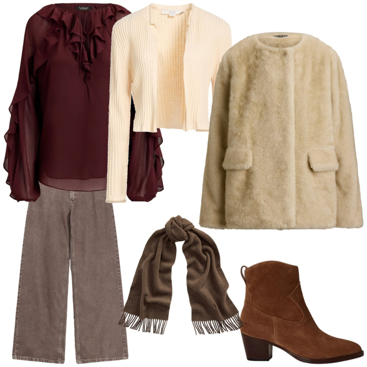 Outfit donna - Weekend di ottobre. Stile Basic per Tutti i giorni. Abbinamento con jeans dritti, stivaletti, bluse, sciarpe, cappotti, cardigans.