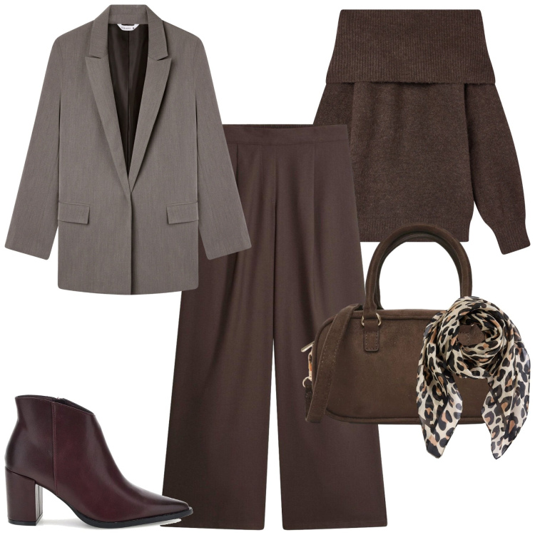 Outfit donna - Ottobre. Stile Trendy per Tutti i giorni. Abbinamento con blazer, borse a tracolla, maglieria, foulard, pantaloni a palazzo, stivaletti.