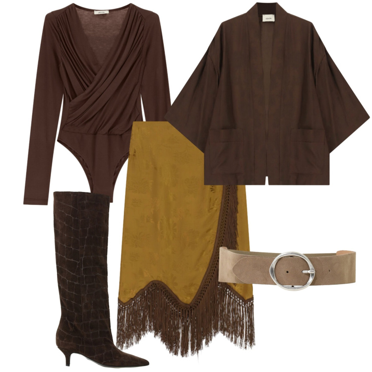 Outfit donna - Rich Espresso & Cream Warmth. Stile Chic per Serata fuori. Abbinamento con stivali, gonne longuette, kimono, body, cinture.