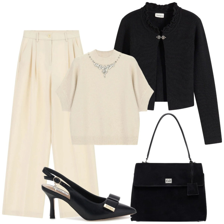 Outfit donna - Serata fuori. Stile Bon Ton per Serata fuori. Abbinamento con pantaloni a palazzo, maglieria, borse a mano, cardigans, décolleté.