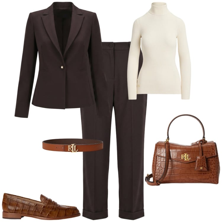 Outfit donna - Minimal ufficio tempo libero. Stile Minimal per Ufficio. Abbinamento con mocassini, cinture, borse a mano, pullovers, pantaloni, blazer.