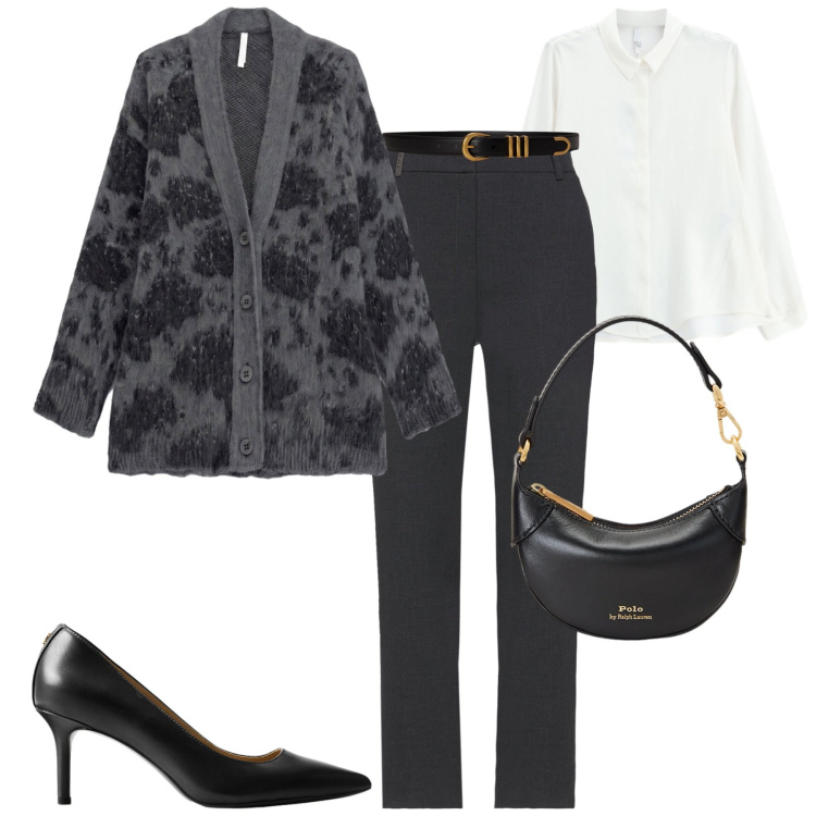 Outfit donna - In ufficio. Stile Casual chic per Ufficio. Abbinamento con cardigans, camicie, borse a spalla, décolleté, cinture, pantaloni.