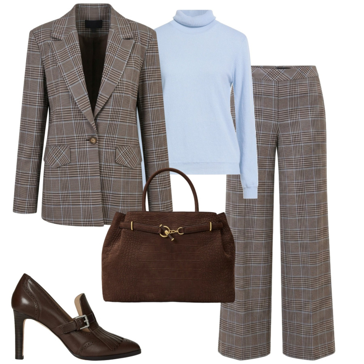 Outfit donna - Rinascimento. Stile Trendy per Ufficio. Abbinamento con borse a mano, décolleté, pantaloni, blazer, maglieria.