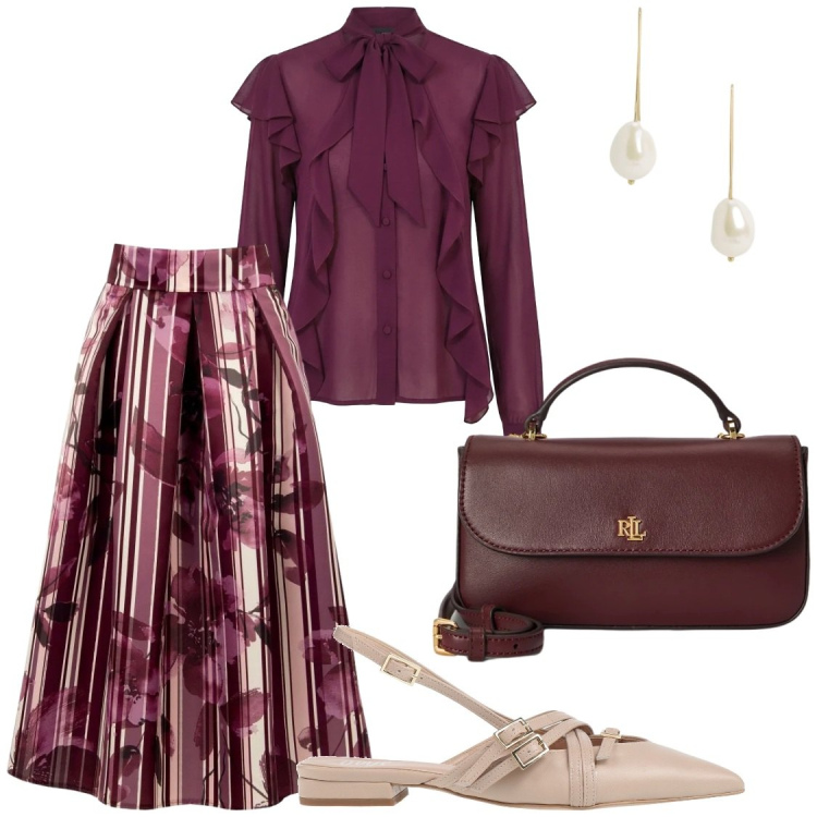 Outfit donna - Raffinatezza pomeridiana. Stile Bon Ton per Serata fuori. Abbinamento con orecchini, borse a mano, gonne longuette, bluse, ballerine.
