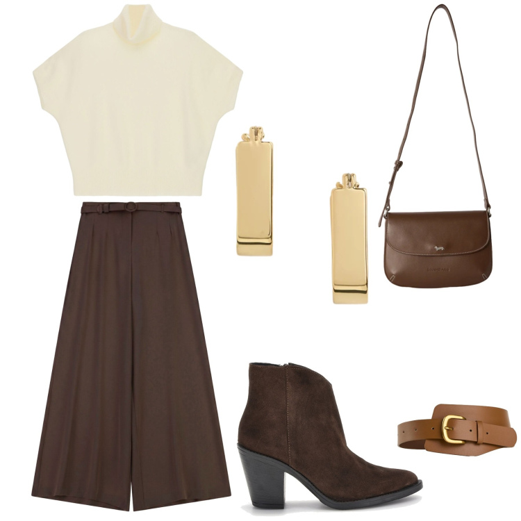 Outfit donna - Total look #2487506. Stile Minimal per Ufficio. Abbinamento con borse a tracolla, pantaloni a palazzo, maglieria, orecchini, stivaletti, cinture.