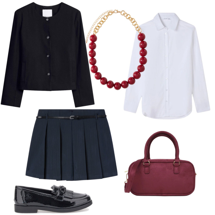 Outfit donna - Passeggiata in città a ottobre. Stile Preppy per Tutti i giorni. Abbinamento con collane, minigonne, borse a tracolla, camicie, mocassini, blazer.