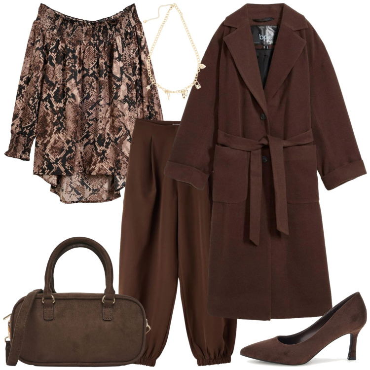 Outfit donna - Monocromo in marrone. Stile Minimal per Tutti i giorni. Abbinamento con pantaloni, borse a tracolla, bluse, cappotti, décolleté, collane.