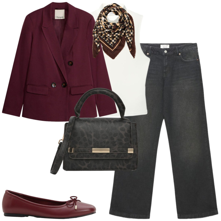 Outfit donna - City. Stile Casual chic per Tutti i giorni. Abbinamento con top, borse a tracolla, jeans, foulard, blazer, ballerine.