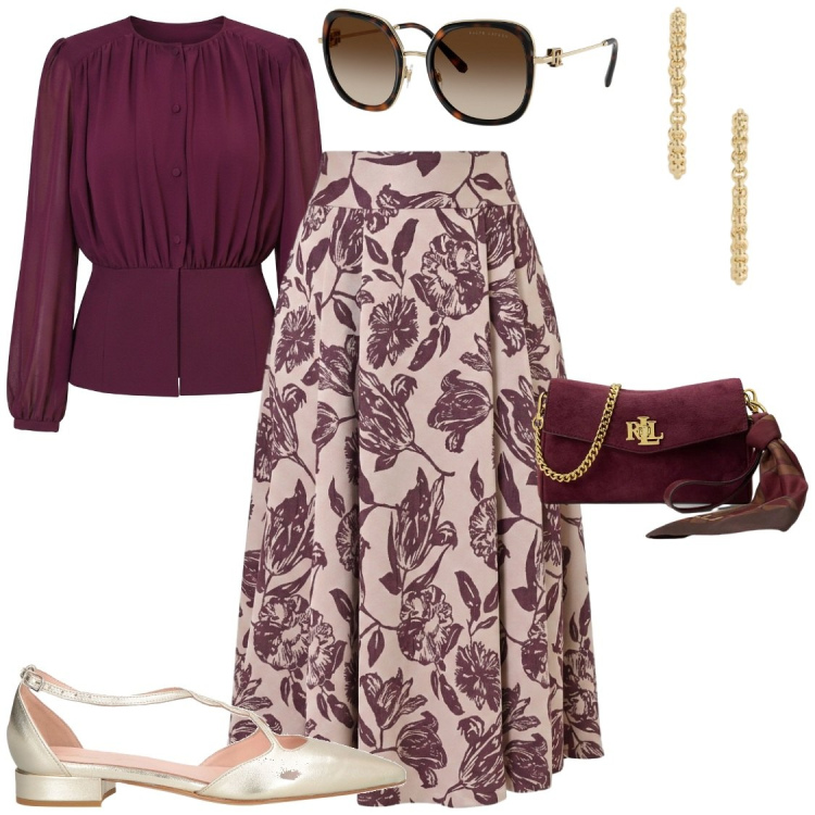 Outfit donna - Un te' tra amiche. Stile Bon Ton per Serata fuori. Abbinamento con occhiali da sole, borse a tracolla, orecchini, gonne longuette, bluse, ballerine.