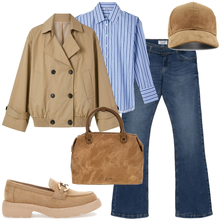 Outfit donna - City. Stile Casual chic per Tutti i giorni. Abbinamento con trench, camicie, jeans a zampa, mocassini, cappelli con visiera, borse a tracolla.