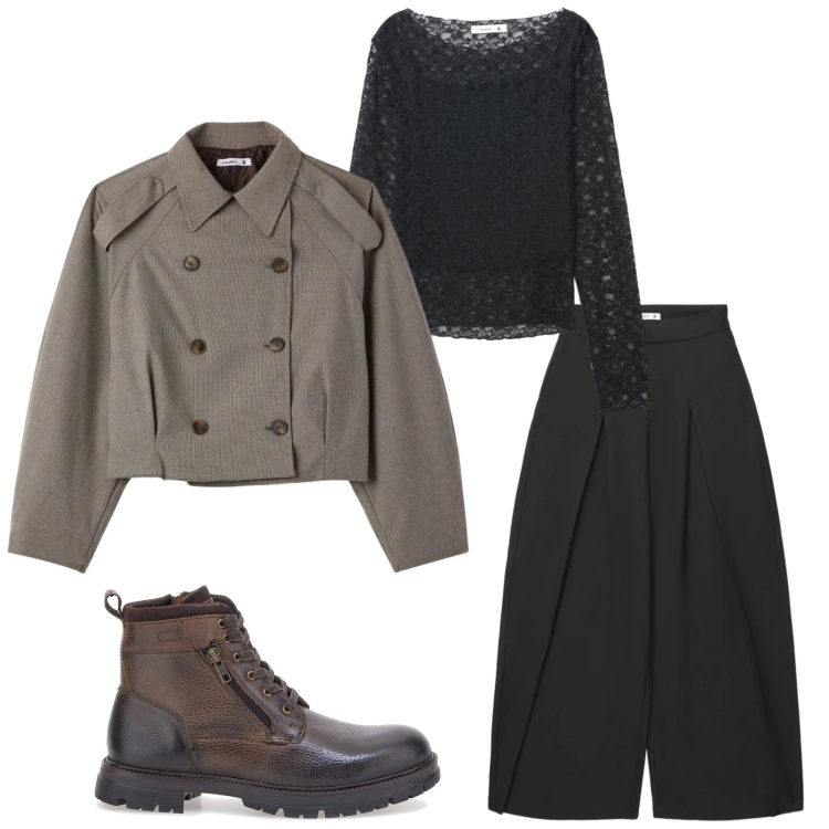 Outfit donna - Con gli amici. Stile Glamour per Serata fuori. Abbinamento con pantaloni a palazzo, t-shirt, caban, anfibi.