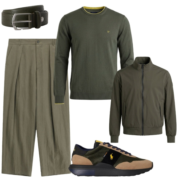 Outfit uomo - Green passion. Stile Trendy per Tutti i giorni. Abbinamento con cinture, maglieria, pantaloni, sneakers, bomber.