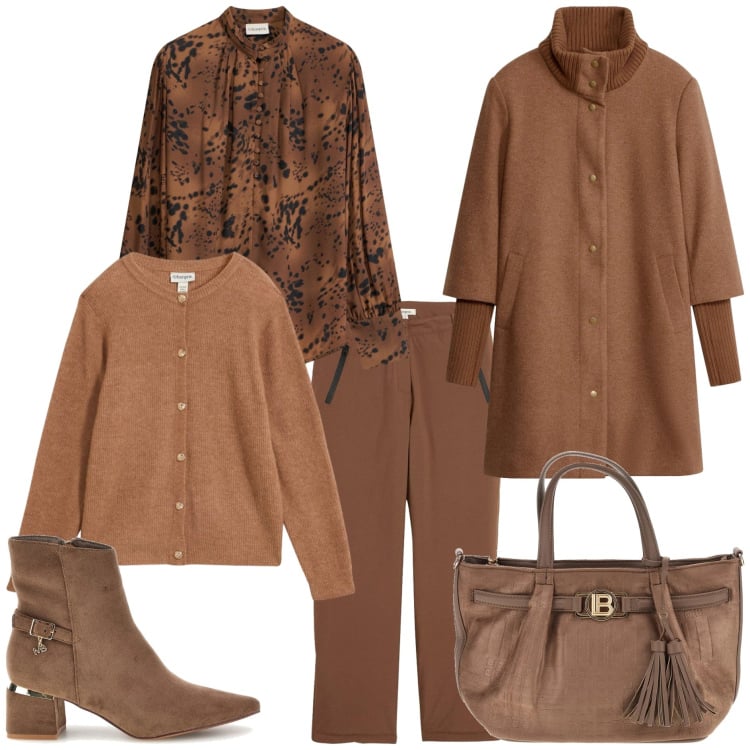 Outfit donna - Monocromo in marrone - Light. Stile Casual chic per Tutti i giorni. Abbinamento con cappotti, pantaloni, bluse, cardigans, stivaletti, borse a mano.