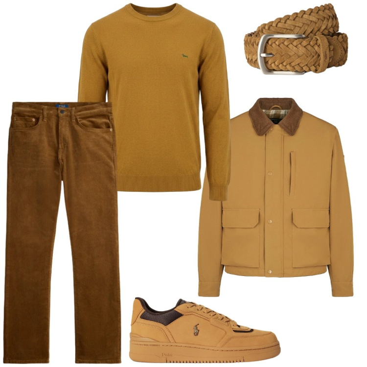 Outfit uomo - I colori autunnali. Stile Trendy per Ufficio. Abbinamento con cinture, maglieria, pantaloni, sneakers, piumini.