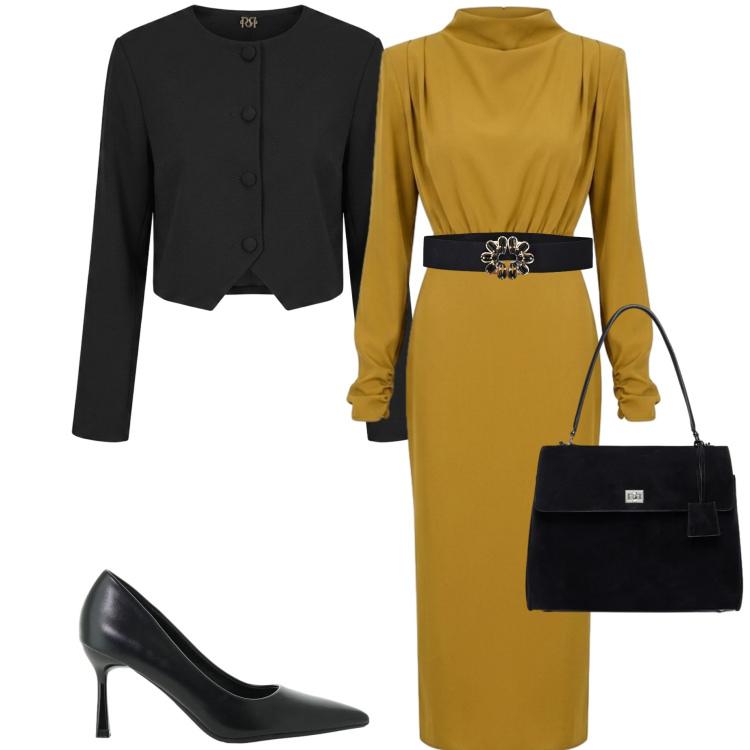 Outfit donna - Cerimonia di ottobre. Stile Chic per Cerimonia. Abbinamento con décolleté, borse a mano, cinture, blazer, vestiti midi/longuette.