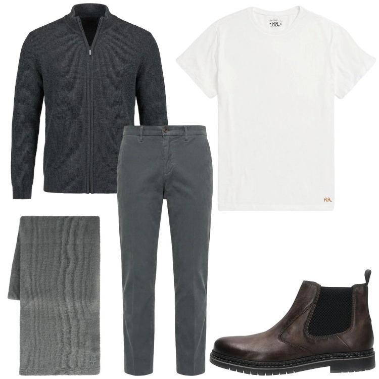 Outfit uomo - Primi freddi in ufficio. Stile Trendy per Ufficio. Abbinamento con pantaloni, pullovers, sciarpe, t-shirt, stivali e stivaletti.
