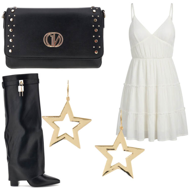 Outfit donna - Serata disco estiva. Stile Glamour per Serata fuori. Abbinamento con vestiti corti, orecchini, borse a tracolla, stivali sopra il ginocchio.