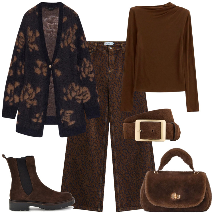 Outfit donna - Casual chic week in montagna. Stile Casual chic per Tutti i giorni. Abbinamento con cardigans, t-shirt, pantaloni a palazzo, borse a mano, stivaletti chelsea, cinture.