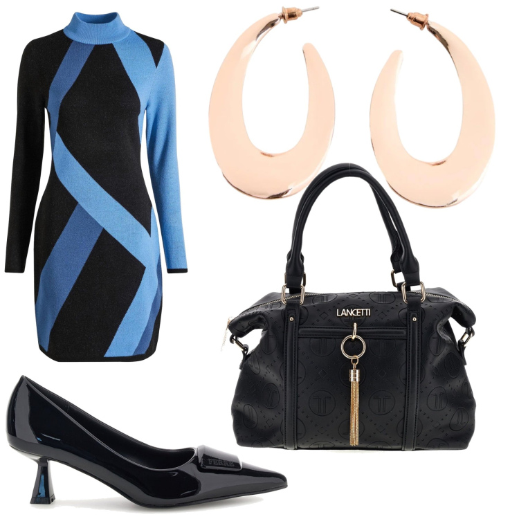 Outfit donna - Azzurro. Stile Casual chic per Ufficio. Abbinamento con vestiti corti, orecchini, décolleté, borse a mano.