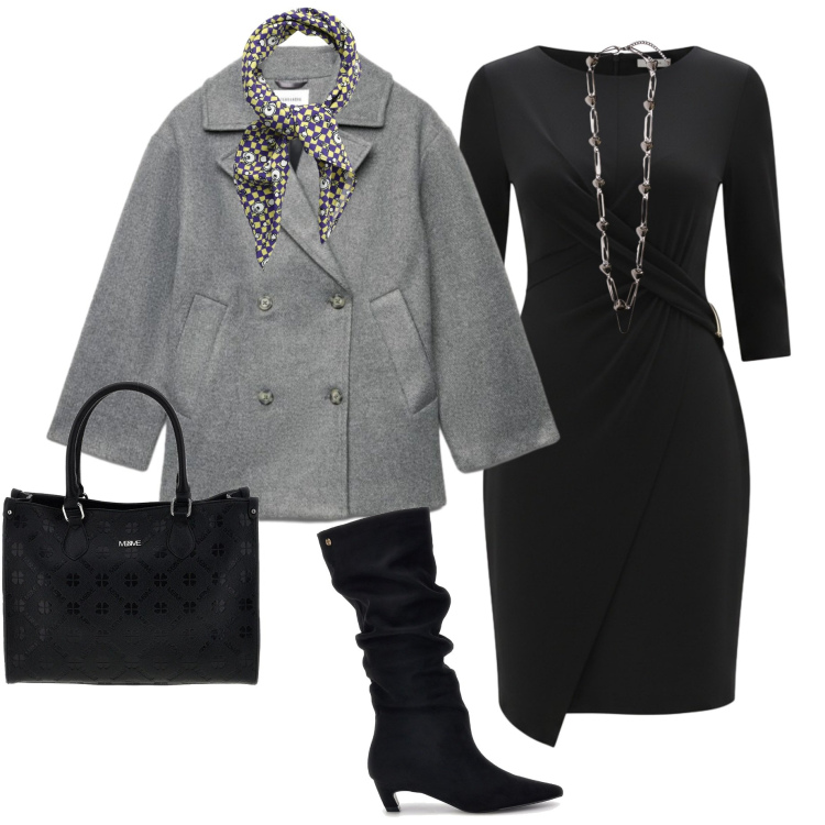Outfit donna - Urban autunnale. Stile Urban per Tutti i giorni. Abbinamento con collane, vestiti asimmetrici, caban, foulard, stivali, borse a tracolla.