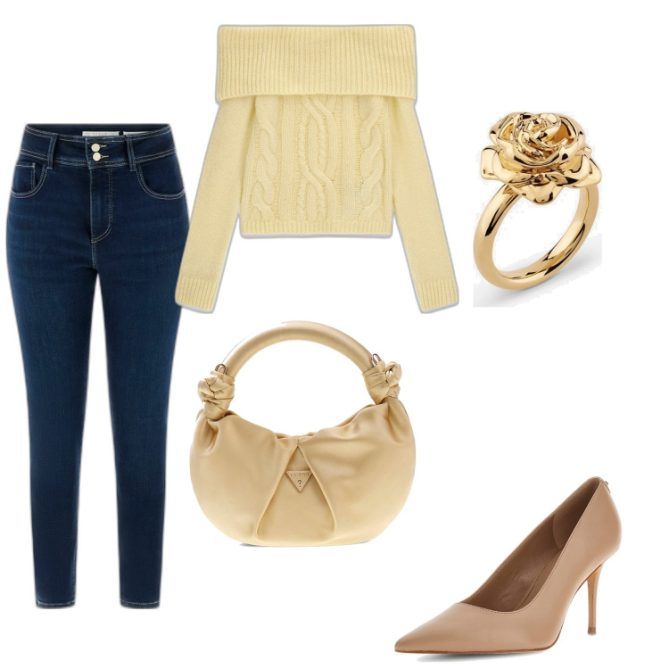 Outfit mujer - Casual #9624. Estilo Casual para Todos los días. Combinación con salones, bolsos de mano, prendas de punto, anillos, vaqueros pitillo.